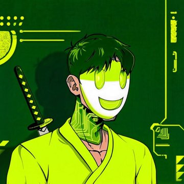 An anime-style illustration depicts a smiling figure with glowing green eyes wearing a white mask and yellow robe, with a katana strapped to their back, set against a tech-inspired green background featuring circuit board designs and a lemon slice. The image relates to the post as a creative promotional graphic for a giveaway of 2 guaranteed "TheHollow" NFT mints available through a free mint on Robinhood.