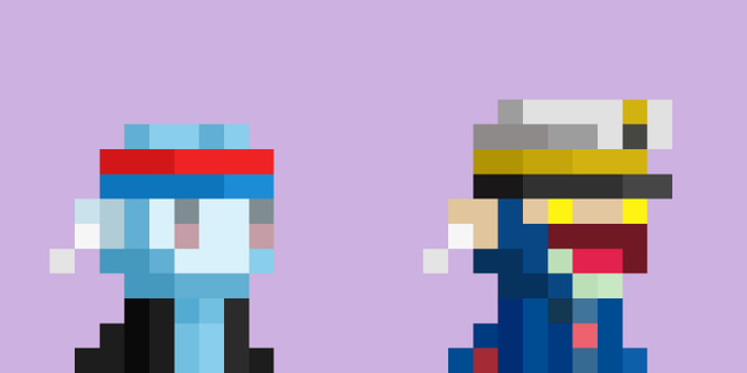 Two pixel-art characters stand side by side against a light purple background; the left one wears light blue clothing with a red and dark blue striped headband, while the right one wears a yellow and black outfit with a white hat.