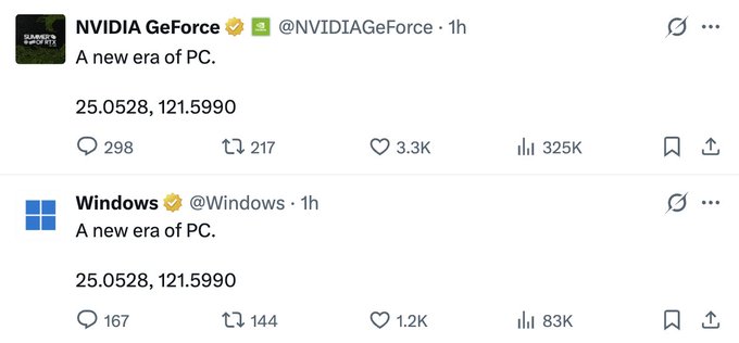 A screenshot of a Twitter page featuring two twitter handles or usernames displayed side by side, one appearing higher than the other. The larger handle has "Windows" written above it while the smaller handle has "@windows" below it. Both handles have a number in front of them that says "255328 125900". Additionally, there is a line item on this page titled "#algo who dis" and another titled "#algo @nvidia".