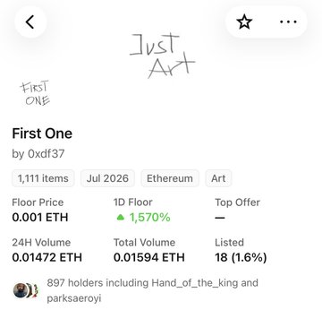 NFT collection page for 'First One' by 0xdf37, showing 1,111 items on Ethereum with a floor price of 0.001 ETH and a 1,570% 1D floor increase.