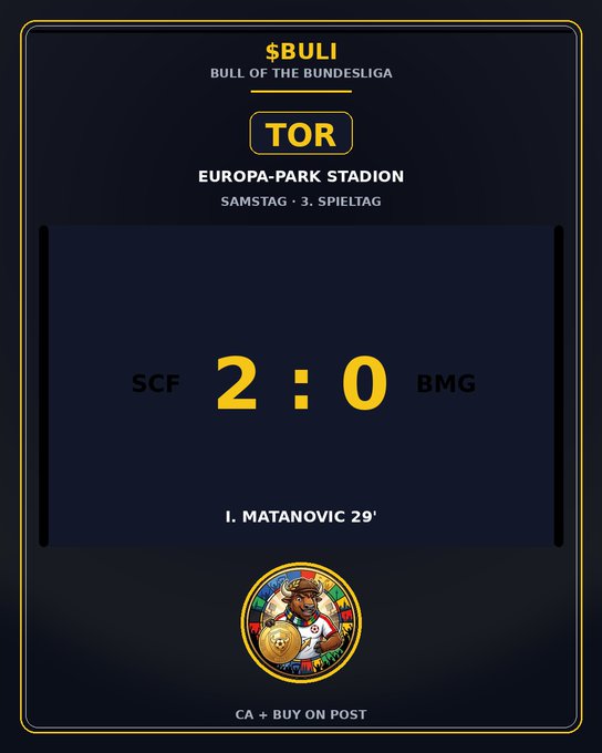 A graphic for '$BULI BULL OF THE BUNDESLIGA' shows a match between SCF and BMG with a final score of '2 : 0', featuring a goal by 'I. MATANOVIC 29'' and a 'CA + BUY ON POST' button.