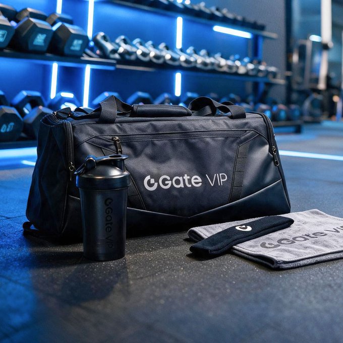 A "Gate VIP" branded gym bag, shaker bottle, and towel set displayed in a gym setting with dumbbells and blue neon lighting in the background.