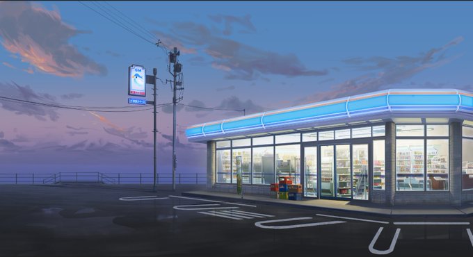An anime-style illustration of a 24-hour FamilyMart convenience store at dusk, with a parking lot and power lines in the foreground.