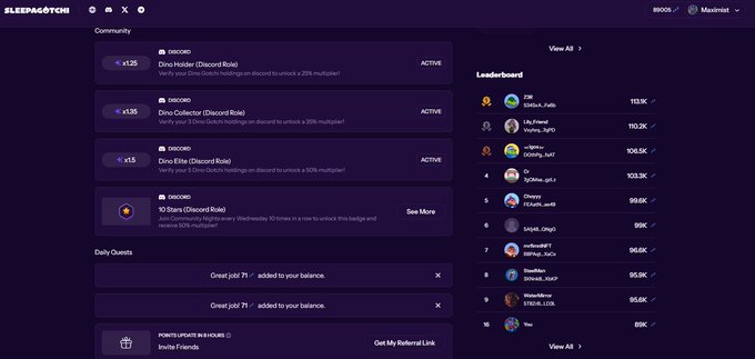 A screenshot of the Sleepagotchi community hub shows active Discord role quests, daily quests, and a leaderboard where the user is currently ranked #16 with 89K SLEEP points. This dashboard illustrates the user's point accumulation referenced in their post, where they reflect on unexpectedly climbing into the Top 20 of the Sleepagotchi leaderboard.