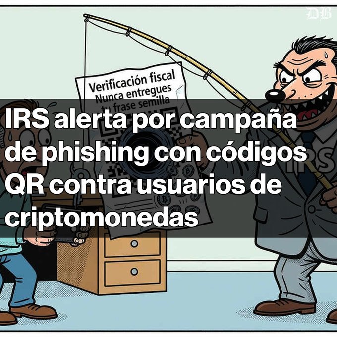 A cartoon illustration overlaid with Spanish text reading 'IRS alerta por campaña de phishing con códigos QR contra usuarios de criptomonedas' (IRS warns of QR code phishing campaign targeting cryptocurrency users).
