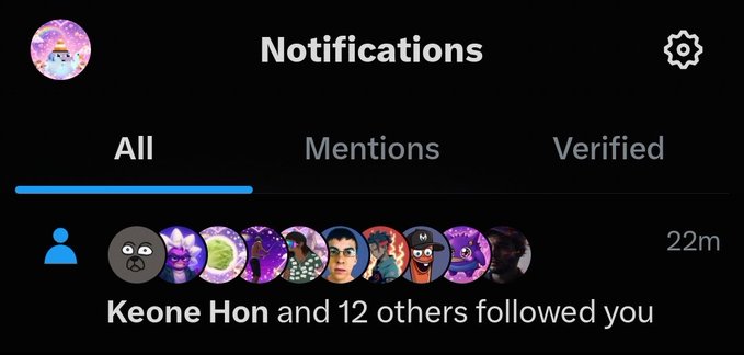A social media notifications screen shows the "All" tab selected, indicating that "Keone Hon and 12 others followed you" with various profile pictures displayed and a timestamp of "22m".