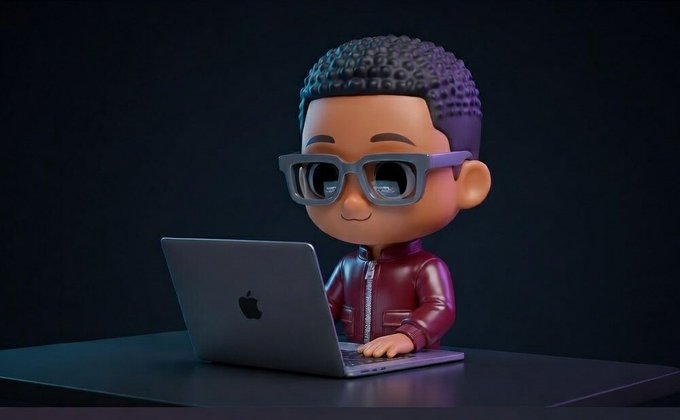 The image features a small figurine or toy of a boy sitting at a desk with an open laptop computer. The figurine appears to be wearing glasses and has a maroon jacket on. The scene takes place against a black background, which emphasizes the figurine's presence in front of it. The caption reads "Focus on what is in the image and how it relates to the post".