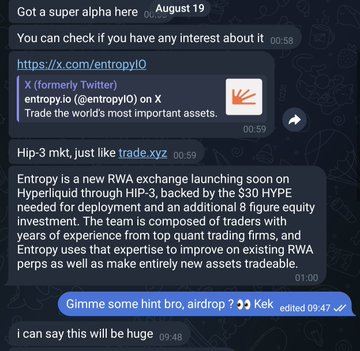 The image shows a Telegram chat conversation discussing an alpha opportunity for "Entropy," a new RWA exchange launching on Hyperliquid through HIP-3, with a link to entropy.io and references to a $30 HYPE airdrop and "trade.xyz." The post about vouching for @FastLife to join @commonsmade appears unrelated to the Entropy airdrop discussion shown in the chat, suggesting the user may be referencing the airdrop opportunity within the vouching context.