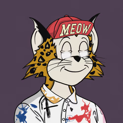 A digital illustration of an anthropomorphic cat character wearing a red baseball cap with "MEOW" written in yellow letters, crying tears while smiling, dressed in a white shirt with colorful splatters against a purple backdrop.