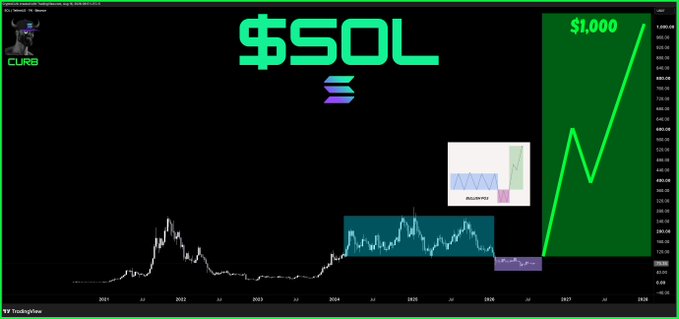 A price chart for $SOL (Solana) displaying historical price action from 2021 through a projected $1,000+ target by 2028, with annotated chart patterns including a "Bullish Pennant" and highlighted accumulation zones. The image visually reinforces the post's bullish long-term thesis, showing how current price action may be setting up for a massive breakout.