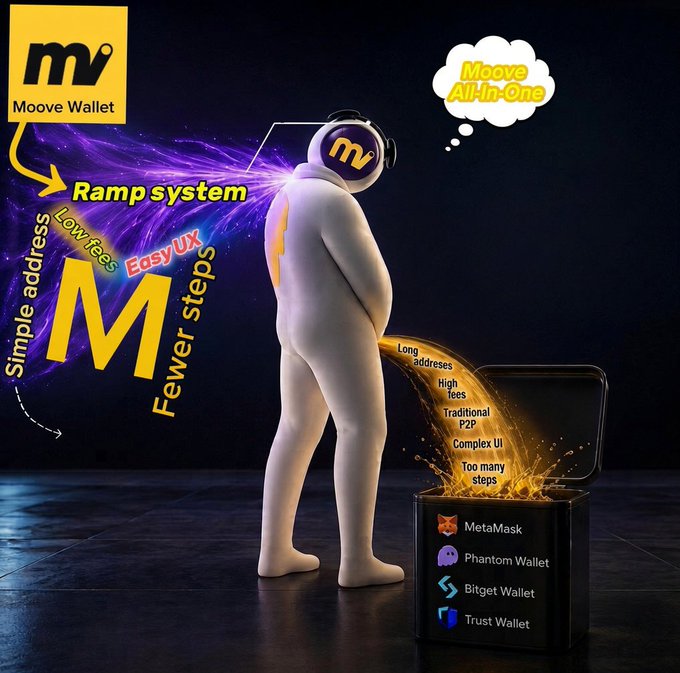 An advertisement for "Moove Wallet" featuring an astronaut figure with a "Moove All-In-One" thought bubble, highlighting features like "Ramp system," "Low fees," "Easy UX," and "Fewer steps" compared to MetaMask, Phantom, Bitget, and Trust Wallet.