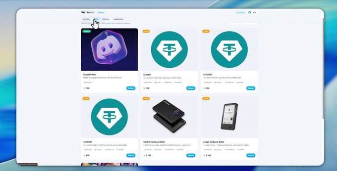 A screenshot of the Rivr DEX marketplace on Vara Network displays various NFT listings with prices in USDT, including an "Exclusive Skin" priced at 100 USDT, alongside hardware wallets (SafePal and Ledger) priced between 350-1,199 USDT. The image showcases the platform's reward redemption marketplace where points earned through Vara Network activities can be exchanged for tangible prizes like digital collectibles and crypto hardware wallets.