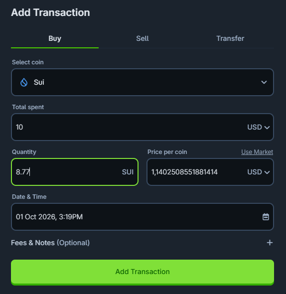 A cryptocurrency transaction screen for buying 'Sui' (SUI) tokens, showing a total spent of 10 USD, a quantity of 8.77 SUI, and a price per coin of 1.1402508551881414 USD.