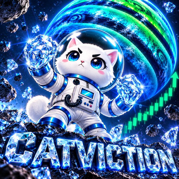A digital illustration of an angry cartoon cat in an astronaut suit holding diamond fists, with the word 'CATMATION' in ice-like letters at the bottom, set against a space background with a rising green chart.