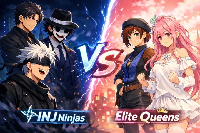 The image features two characters, a man and a woman, standing side by side with their arms around each other. They are both dressed in black clothing, which contrasts with the pink background of the image. The text "INJninjas" is written on one character's back, while " Elite Queens" is written on the other character's back. This suggests that they might be characters from a video game or animated movie, and their outfits could represent different teams or groups in a competition or battle scenario.