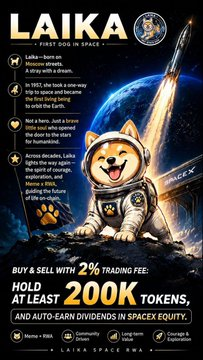 An advertisement for 'LAIKA - FIRST DOG IN SPACE' features an animated Shiba Inu in an astronaut suit alongside text about 'HOLD AT LEAST 200K TOKENS' for trading and dividends.