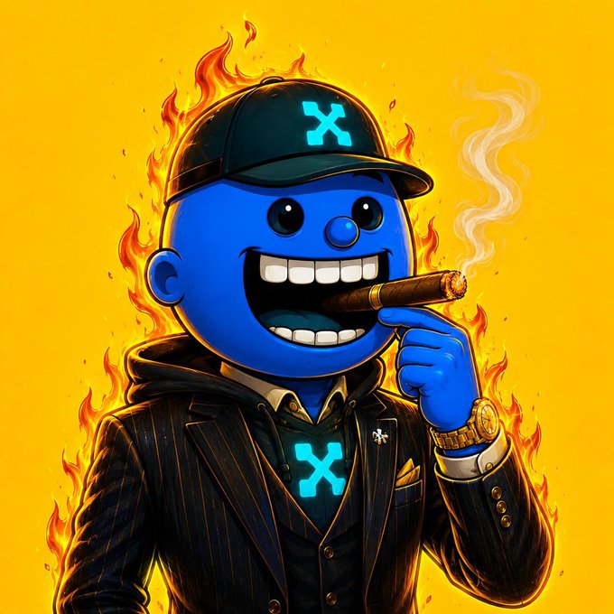 A digital illustration of a blue cartoon character wearing a cap and suit, smoking a cigar with an 'X' logo on his hat and vest, surrounded by flames on a yellow background.