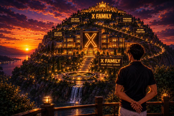 An artistic rendering of a man looking toward a glowing mountain estate with 'X FAMILY' signs displaying messages like 'ONE TEAM ONE DREAM', 'WE GROW TOGETHER', and 'WE WIN TOGETHER'.