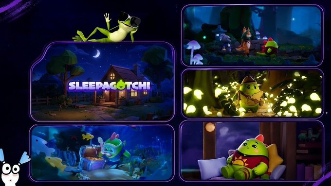 Promotional artwork for the game 'SLEEPAGOTCHI' showing multiple panels with a green frog-like character relaxing, exploring a forest, playing a guitar, and sleeping.