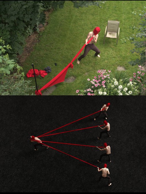 Two overhead shots: the top shows a person in a red hood pulling red fabric on a lawn, while the bottom shows the same scene from directly above against a black background, revealing red lines connecting multiple figures.