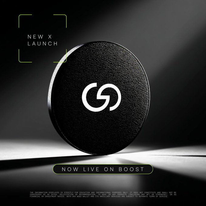 A dark promotional graphic announcing 'NEW X LAUNCH' and 'NOW LIVE ON BOOST' featuring a black circular coin with a stylized logo.