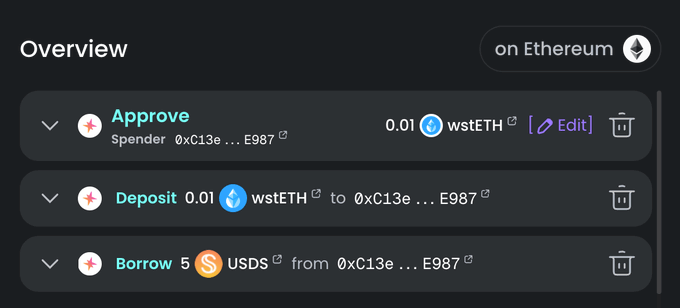 The image features a screen display of a website that has options for depositing or spending Etherium tokens, with a list of Etherium coins displayed on the screen. There are three options available, and each option has different amounts. The first option is "0.01", which represents "0 Etherium Bitcoins". The second option is "0.05", representing "0.1 Etherium Bitcoins". Finally, the third option is "0.14" or "0 Etherium Bitcoins", also representing a small amount of token. Additionally, there are three options for users to sign in and out: "0.01 Blind signing out, clear signing in. See it in action with your favorite apps Depositing & borrowing on @sparkdotfi". The image focuses on the screen display and its various options without any other content or actions present.