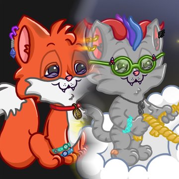 A digital drawing of two cartoon cats, one orange and one grey, both wearing glasses and jewelry, sitting on clouds with a space-themed background.
