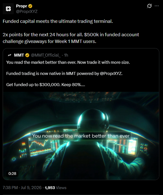 A tweet from Propr (@ProprXYZ) announces 2x points for 24 hours and $500k funded account challenge giveaways for Week 1 MMT users, featuring a quoted post from MMT (@MMT_Official_) promoting funded trading now native in MMT with up to $300,000 funding and 80% profit retention. The accompanying video shows an astronaut figure at a futuristic trading terminal with the text "You now read the market better than ever," visually tying into the post's message about launching a Propr Airdrop farming campaign timed with MMT's funded accounts release.