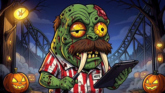 A cartoon illustration of a green zombie-like creature wearing a red and white striped shirt with a name tag reading 'HEFFE', holding a tablet, set against a spooky amusement park background.
