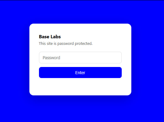 A password-protected login screen for "Base Labs" displayed on a blue background, showing a prompt that reads "This site is password protected" with an empty password field and an "Enter" button. The image illustrates the partially developed status of chain.base.org, supporting the post's claim that Base is preparing something new but hasn't fully launched it yet.