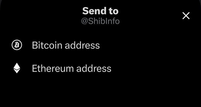 A dark 'Send to @ShibInfo' pop-up menu offering options for 'Bitcoin address' and 'Ethereum address' with their respective cryptocurrency icons.
