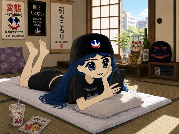 An anime-style illustration of a blue-haired girl lying on a futon using a smartphone, wearing a 'RETARDIO' cap, with Japanese posters on the wall reading '変態 (RETARDIO)' and 'I DON'T WANT TO WORK'.