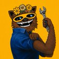 A digital illustration of a muscular anthropomorphic cat-like character wearing a blue polo shirt, holding a wrench, set against a yellow-orange background.