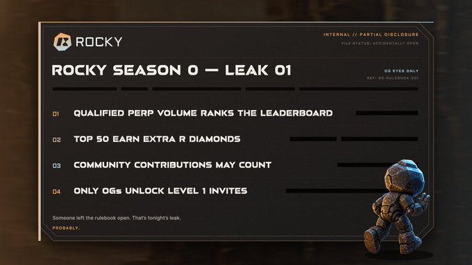 A dark graphic styled as a classified document titled 'ROCKY SEASON 0 — LEAK 01' lists four points about perp volume ranks, extra R diamonds, community contributions, and level 1 invites, accompanied by a small robot figure.