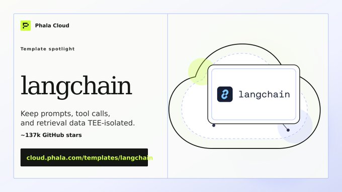 The image shows an advertisement for a cloud platform called LangChain. It features two different logos, one positioned above the other, creating a visual hierarchy of information about the platform's features. The primary focus of the ad is on the function of the platform, emphasizing its ability to power agents and RAG apps securely within an isolated TEE deployment. This showcases that the platform is designed for secure software deployment in a cloud environment, making it ideal for various computing tasks or applications.