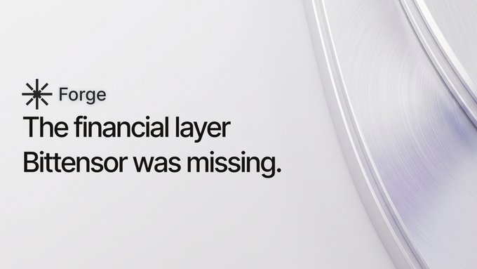 A minimalist white advertisement for Forge with the tagline 'The financial layer Bittensor was missing,' featuring a subtle metallic texture on the right side.