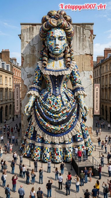 A towering mosaic-covered statue of a woman in a colonial-era dress stands in a town square as crowds of people gather at its base, with the watermark "Netappyai007 Art" visible in the corner.