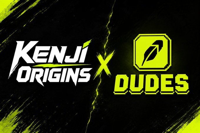 A promotional graphic featuring the logos "KENJI ORIGINS" and "DUDES" separated by a yellow "X" against a dark background with yellow brush strokes.