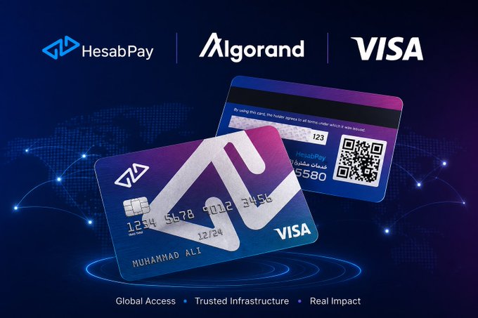 A promotional graphic showing a HesabPay and Algorand branded Visa card with the name 'MUHAMMAD ALI' and the text 'Global Access • Trusted Infrastructure • Real Impact'.