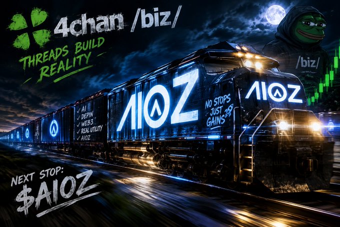 A promotional graphic with text '4chan /biz/ THREADS BUILD REALITY' and 'NEXT STOP: $AIOZ', showing a glowing blue train with 'AIOZ' branding and a hooded frog mascot.