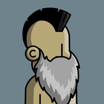 A cartoon illustration of a bald man with a thick gray beard and dark hair on the sides of his head, set against a plain grayish-blue background.