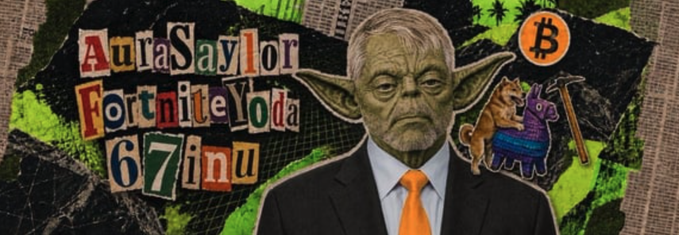 The image features a cutout of a man in a suit wearing an orange tie, with a Yoda mask photoshopped over his face, surrounded by ransom-note-style text reading "Aura Saylor Fortnite Yoda 67 inu," along with Bitcoin and Llama coin icons. The Ethereum address and "THERE IS NO SECOND BEST" caption suggest this is promotional content for a crypto token or meme coin, likely referencing MicroStrategy's Michael Saylor and his well-known Bitcoin advocacy.