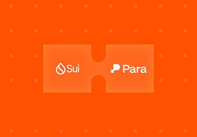 A promotional graphic on an orange dotted background shows two puzzle pieces fitting together, featuring the "Sui" logo (with text "Sui") and the "Para" logo (with text "Para"), visually representing the integration announcement that Para wallet is now live on the Sui Network.