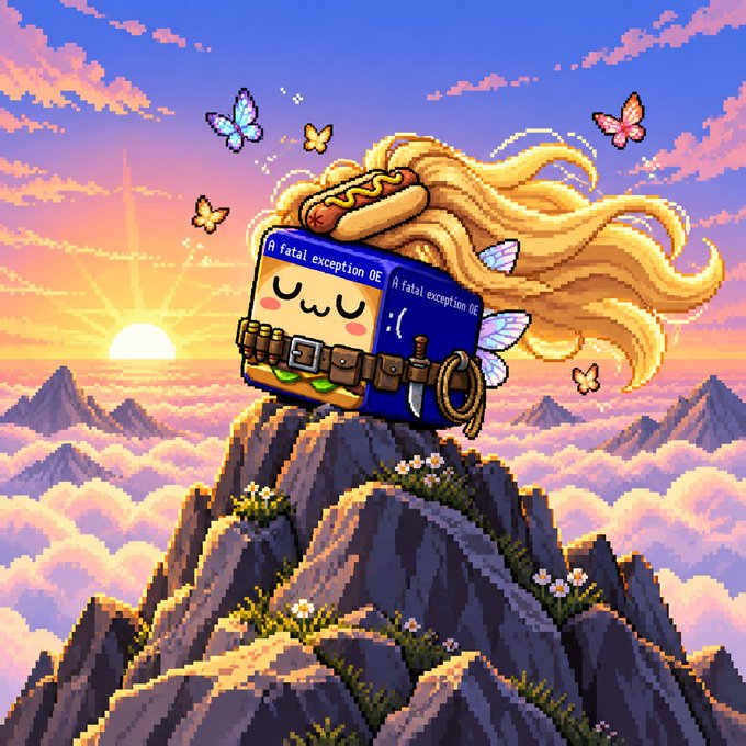 A pixel art illustration of a character with flowing blonde hair on a mountain peak at sunset, labeled 'A fatal exception OE', with a hotdog bun on their head surrounded by butterflies.