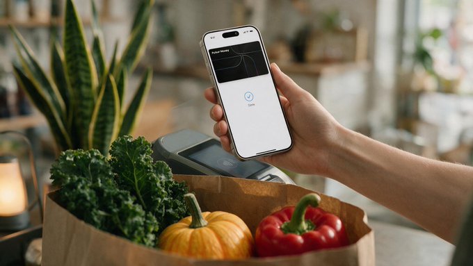 A hand holds a smartphone displaying a 'Wallet' interface above a payment terminal, with a brown paper bag containing fresh produce including kale, a pumpkin, and a red bell pepper in the foreground.