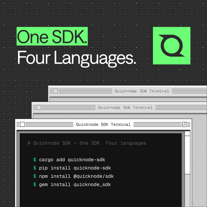 The image features a computer screen with a window displaying a code editor, which has a green square logo for "OneSDK" written above it. Below this logo, there are four lines of text that read "Four languages." The image also includes a link to a website called "crates.io/crates/quickno," where users can find the Quicknode SDK and other related packages.