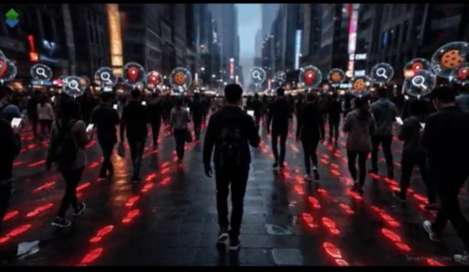 A conceptual digital art image showing a crowd walking down a dark city street illuminated by red digital footprint projections and floating search/cookie icons above their heads.
