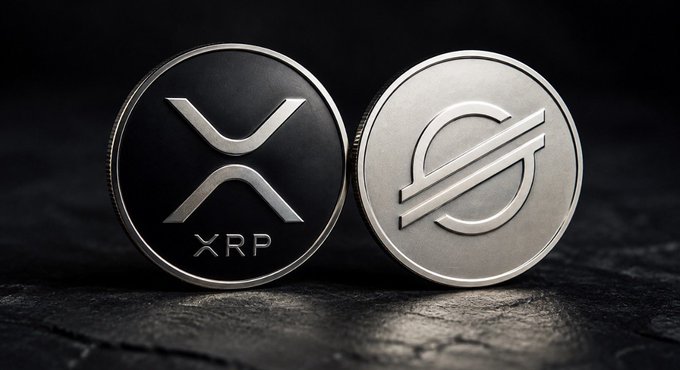 A close-up photo of two physical crypto coins, one black with the XRP logo and one silver with the Stellar (XLM) logo, displayed on a dark surface.