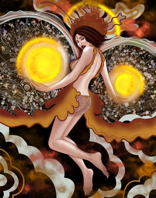 A fantasy illustration of a winged fairy-like woman holding glowing yellow orbs, wearing an earth-toned dress with intricate decorative wings.