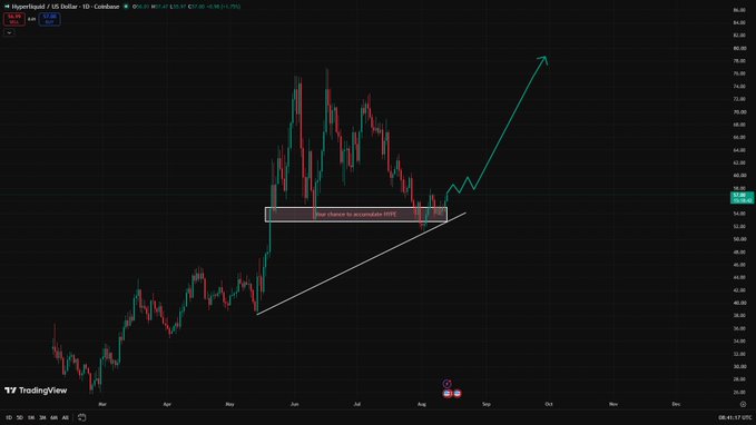 TradingView daily candlestick chart of Hyperliquid (HYPE/USD) on Coinbase showing price movement from around $20 to peaks near $80, with technical annotations including a 'Stop volume to accumulate HYPE' zone and arrows projecting a strong upward breakout toward October.